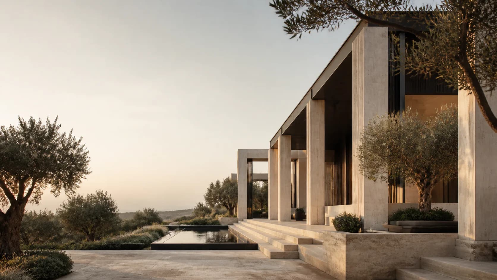 Conceptual contemporary architecture in warm stone; not a Stalwart Realtors project