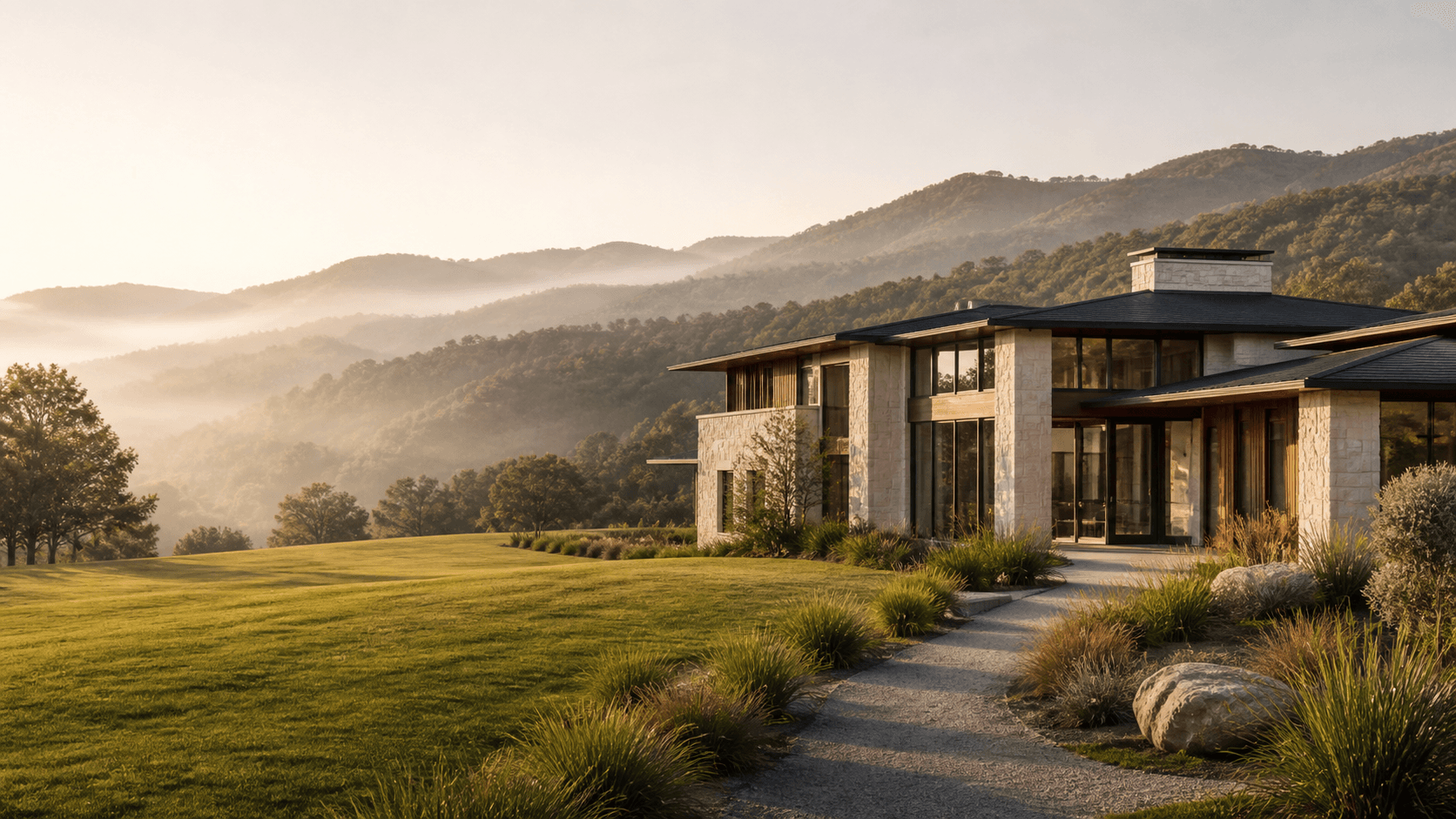 Illustrative concept of a contemporary farmhouse in a green mountain landscape