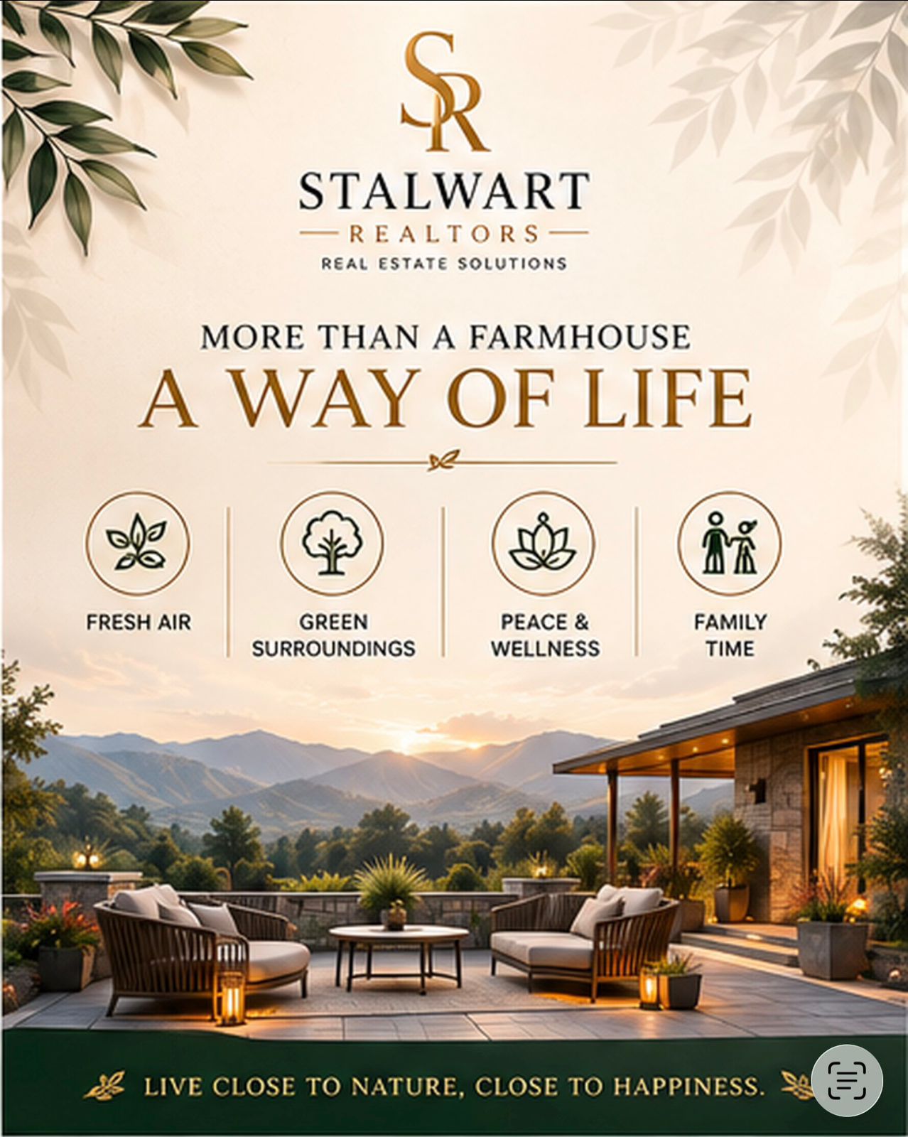 Promotional NPF Cighu lifestyle visual showing a farmhouse terrace at sunset