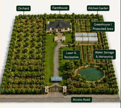 Five-kanal Cighu Agro Farm master plan with orchard, farmhouse, kitchen garden, greenhouse, lawn, and water storage