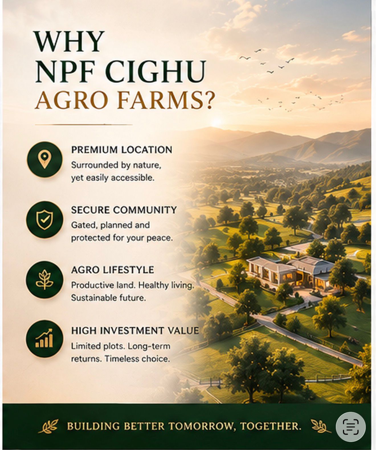 Promotional NPF Cighu graphic describing location, community, lifestyle, and investment benefits